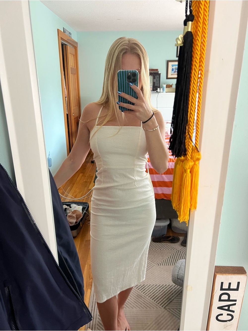 White Linen Blend Midi Dress Square Neck Vacation Dress